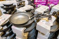 Frying pans on a supermarket shelf or showcase. Illustrative editorial. March 18, 2022 Balti Moldova