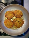 frying potato pancakes, potato rosti, pan frying, warm food, hot oil, aluminum pan Royalty Free Stock Photo