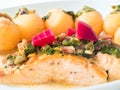 Frying salmon with beet and potatoes Royalty Free Stock Photo