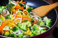 Frying vegetables in pan with spatula