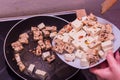 Frying vegetarian tofu in the pan