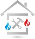 House, water and flame, plumber logo, tools logo, plumber icon, logo