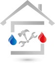 House, water and flame, plumber logo, tools logo, plumber icon, logo Royalty Free Stock Photo