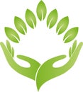 Hands and leaves, two hands logo, alternative practitioner and gardener, massage and physiotherapy, wellness and alternative Royalty Free Stock Photo