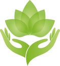Hands and leaves, two hands logo, alternative practitioner and gardener, massage and physiotherapy, wellness and alternative Royalty Free Stock Photo