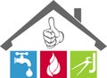 House, faucet, pipe wrench, flame, plumber logo, tools logo, plumber icon, logo Royalty Free Stock Photo