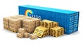 40 ft cargo container and shipping pallets with cardboard boxes Royalty Free Stock Photo