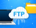 FTP file transfer icon on laptop. FTP technology icon. Transfer data to server. Vector illustration. Royalty Free Stock Photo