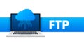 FTP file transfer icon on laptop. FTP technology icon. Transfer data to server. Vector illustration Royalty Free Stock Photo