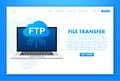 FTP file transfer icon on laptop. FTP technology icon. Transfer data to server. Vector illustration Royalty Free Stock Photo