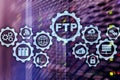 FTP. File Transfer Protocol. Network Transfer data to server on supercomputer background. Royalty Free Stock Photo