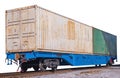 A 80-fts Idler flatcars with a two of intermodal 40-fts long containers isolated on the white background