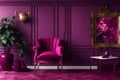 Fuchsia color or dark plum in the interior. Armchair and wall mokup for art. Bright and rich design of the room