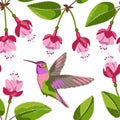 Fuchsia and hummingbird embroidery seamless pattern
