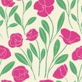 Fuchsia vintage poppy flower seamless repeat pattern with cream background