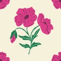 Fuchsia vintage textured flower seamless repeat pattern with cream background