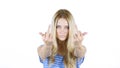 You ,Angry Woman shows you Sign ,, White Background Royalty Free Stock Photo