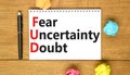 FUD fear uncertainty doubt symbol. Concept words FUD fear uncertainty doubt on white note on a beautiful wooden background. Royalty Free Stock Photo