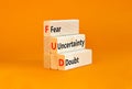 FUD fear uncertainty doubt symbol. Concept words FUD fear uncertainty doubt on wooden blocks on a beautiful orange table orange Royalty Free Stock Photo