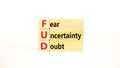 FUD fear uncertainty doubt symbol. Concept words FUD fear uncertainty doubt on wooden blocks on a beautiful white table white Royalty Free Stock Photo