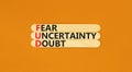 FUD fear uncertainty doubt symbol. Concept words FUD fear uncertainty doubt on wooden sticks on a beautiful orange table orange Royalty Free Stock Photo