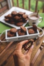 Fudge brownie cookies with penut and cheese filling with cacao on the mug Royalty Free Stock Photo