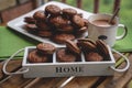 Fudge brownie cookies with penut and cheese filling with cacao on the mug Royalty Free Stock Photo