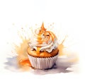 Fudge Cupcake Illustration with Color Splashes. Generative AI. Royalty Free Stock Photo