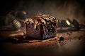 Fudge, handmade chocolate products. Close up of chocolate cubes with icing. Delicious sweet dessert. Advertising illustration.