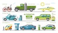 Fuel alternative vehicle vector team-car or gas-truck and solar-car or autogas- vehicle illustration set of bio-ethanol