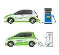 Fuel alternative vehicle vector team-car or gas-truck and solar-van or gasoline electricity station illustration set of