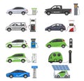 Fuel alternative vehicle vector team-car or gas-truck and solar-van or gasoline electricity station illustration set of