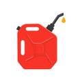 Fuel canister with pouring petrol drop. Leaking gasoline can petrol container isolated on white background. Vector cartoon