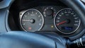 Gas gauge fuel empty. Petrol tank meter car indicator on dashboard. Low gasoline level. Fuel gauge gas.