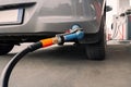 Fuel car. Pump petrol from nozzle in vehicle tank. Gasoline, oil gas station. Economy business with diesel transport Royalty Free Stock Photo