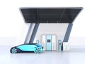 Fuel Cell powered autonomous car filling gas in Fuel Cell Hydrogen Station equipped with solar panels Royalty Free Stock Photo