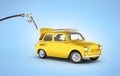 Fuel cost concept retro car is refueled on blue gradient background without shadow 3d illustration