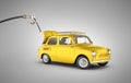 Fuel cost concept retro car is refueled on grey gradient background without shadow 3d illustration