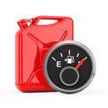Fuel Dashboard Gauge Showing a Full Tank in front of Red Metal Jerrycan. 3d Rendering