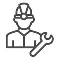 Fuel engineer line icon. Oil miner man, construction worker in helmet with wrench. Oil industry vector design concept