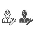 Fuel engineer line and solid icon. Oil miner man, construction worker in helmet with wrench. Oil industry vector design