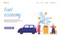 Fuel expenses economy site with people near gas pump, flat vector illustration.