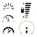 Fuel gauge scale and fuel meter. Fuel indicator. Gas tank gauge. Speedometer, tachometer, indicator icons. Performance measurement Royalty Free Stock Photo