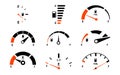 Fuel gauge scale and fuel meter. Fuel indicator. Gas tank gauge. Speedometer, tachometer, indicator icons. Performance measurement