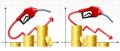 Fuel handle pump nozzle with hose like price rises and falling graph and stack of gold coins.