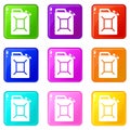 Fuel jerrycan icons 9 set