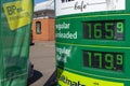 The fuel prices at a BP petrol station. High diesel and unleaded fuel costs on digital sign Royalty Free Stock Photo