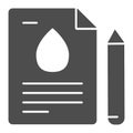 Fuel production contract solid icon. Agreement document with drop sign and pen. Oil industry vector design concept