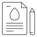 Fuel production contract thin line icon. Agreement document with drop sign and pen. Oil industry vector design concept