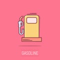 Fuel pump icon in comic style. Gas station cartoon sign vector illustration on white isolated background. Petrol splash effect Royalty Free Stock Photo